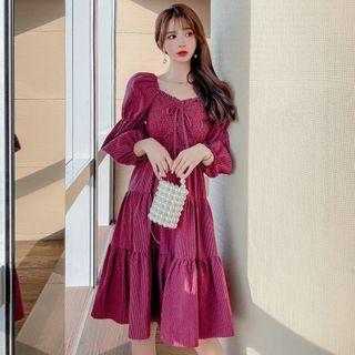 Long-sleeve Shirred Tiered A-line Dress
