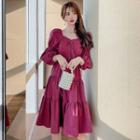 Long-sleeve Shirred Tiered A-line Dress