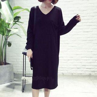 Plain Long Sleeve V-neck T-shirt Dress