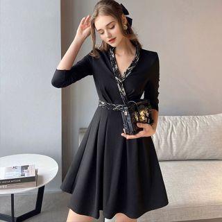 Elbow-sleeve Beaded Mini A-line Dress