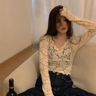 Long-sleeve Lace Crop Top Almond - One Size