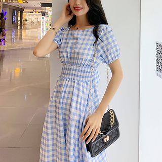 Short-sleeve Checker Ribbon Back A-line Midi Dress