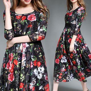 3/4-sleeve Floral Print A-line Midi Dress