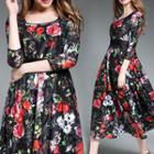3/4-sleeve Floral Print A-line Midi Dress