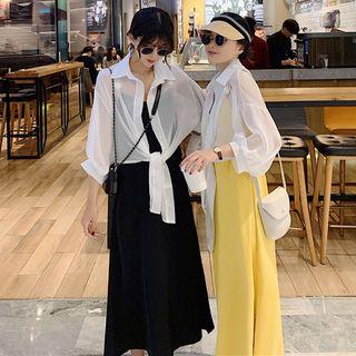 V-neck Midi Spaghetti Strap Dress / Plain Light Jacket