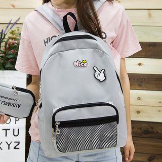 Cartoon Pins Canvas Mesh Pocket Backpack With Zipper Pouch