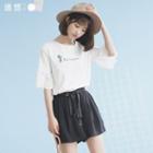Eyelet Lace Panel Embroidered Elbow-sleeve T-shirt