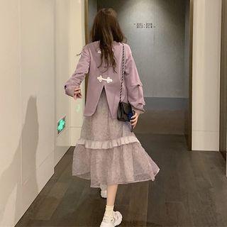 Slit Back Pullover / Floral Midi A-line Skirt