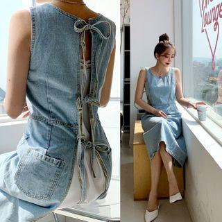 Tie-back Denim Long Pinafore Dress Light Blue - One Size