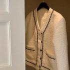 V-neck Contrast-trim Tweed Jacket Ivory - One Size