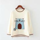 Round-neck Contrast-trim Cat Print Long-sleeve Knit Top