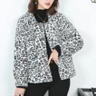 Leopard-pattern Fluffy Buttoned Knit Hoodie
