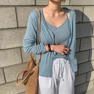 Lightweight Linen Cardigan & Sleeveless Top Set Sky Blue - One Size