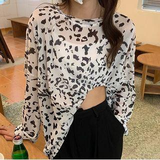 Long-sleeve Round Neck Leopard Chiffon Top