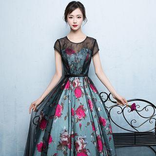 Cap-sleeve Floral-print A-line Evening Gown
