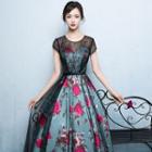 Cap-sleeve Floral-print A-line Evening Gown