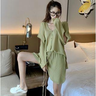 Cutout-sleeved Button-down Light Knit Top / Drawcord Shorts