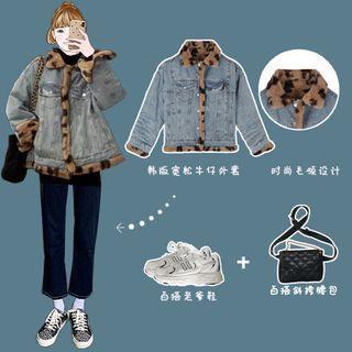 Leopard Print Fleece Denim Jacket Blue - One Size