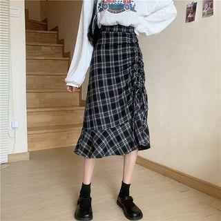 Drawstring Plaid Midi Skirt