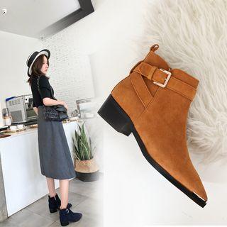 Belted Genuine Suede Ankle Boots
