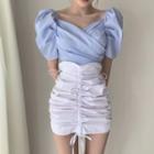 Wrap Short Sleeve Blouse / Drawstring Crinkled Pencil Skirt