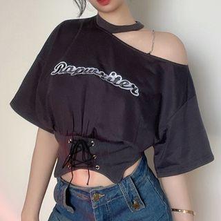 Cold-shoulder Lace-up Cropped T-shirt