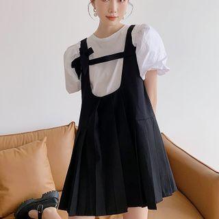 Puff-sleeve Plain Top / Sleeveless Bow Mini Dress