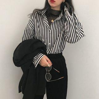 Long-sleeve Striped Button-down Shirt As Shown In Figure - One Size