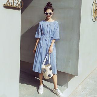 Striped Elbow-sleeve A-line Dress With Sash