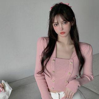 Square-neck Double-breasted Knit Crop Top