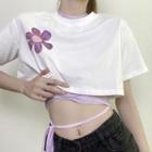 Set: Short-sleeve Floral Print Crop Top + Tie-waist Camisole Top