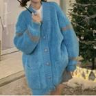 V-neck Contrast Trim Loose Fit Furry Cardigan