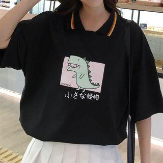 Elbow-sleeve Cartoon Collared T-shirt
