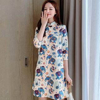 3/4-sleeve Elephant Print Qipao Dress