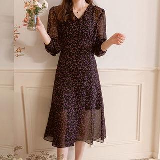 Balloon-sleeve Sheer Long Rosette Dress Purple - One Size