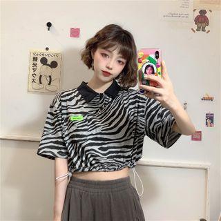 Short-sleeve Zebra Print Cropped Polo Shirt