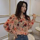 Shirred Floral Print Chiffon Blouse Pink - One Size