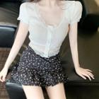 Short-sleeve Lace Trim Ribbed Knit Top / Floral Print Mini A-line Skirt