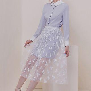 Set: Long-sleeve Mini A-line Shirt Dress / Midi Mesh Skirt