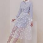 Set: Long-sleeve Mini A-line Shirt Dress / Midi Mesh Skirt