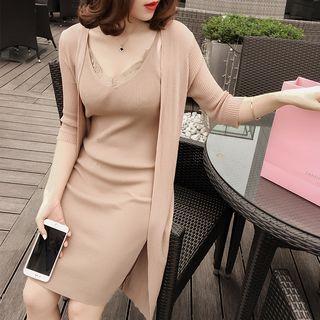 Set: Lace Trim Strappy Dress + Cardigan