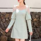Mock Two-piece Long-sleeve Square-neck Mini A-line Dress