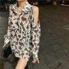 Cold-shoulder Leopard Print Long-sleeve Sheer Shirt As Shown In Figure - One Size