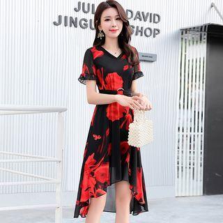 Short-sleeve Floral Print A-line Dip-back Dress