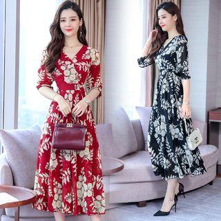Flower Print 3/4-sleeve Midi Chiffon Dress