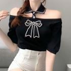 Short-sleeve Collared Cold Shoulder Beaded Bow Top