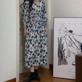 Long-sleeve V-neck Floral Dress Tulip Blue - One Size