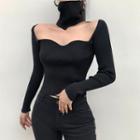 Long-sleeve Square-neck Turtleneck Knit Top Black - One Size
