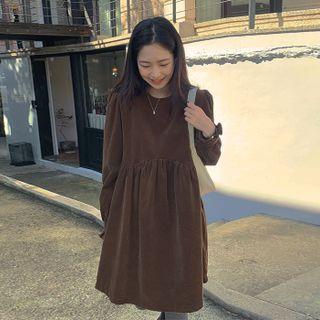 Balloon-sleeve Corduroy Flared Dress