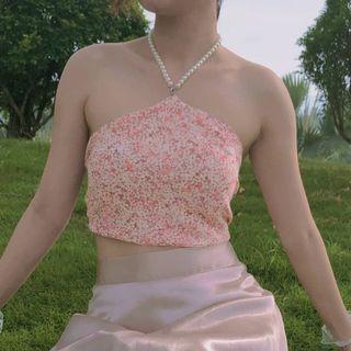 Halter-neck Beaded Floral Print Crop Top